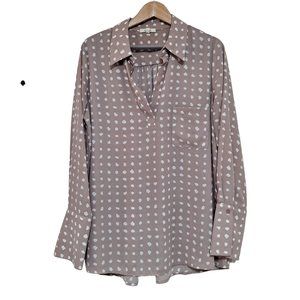 Anthropologie Pleione Blouse Women Large Pink Long Sleeve Vneck Dots Office Wear